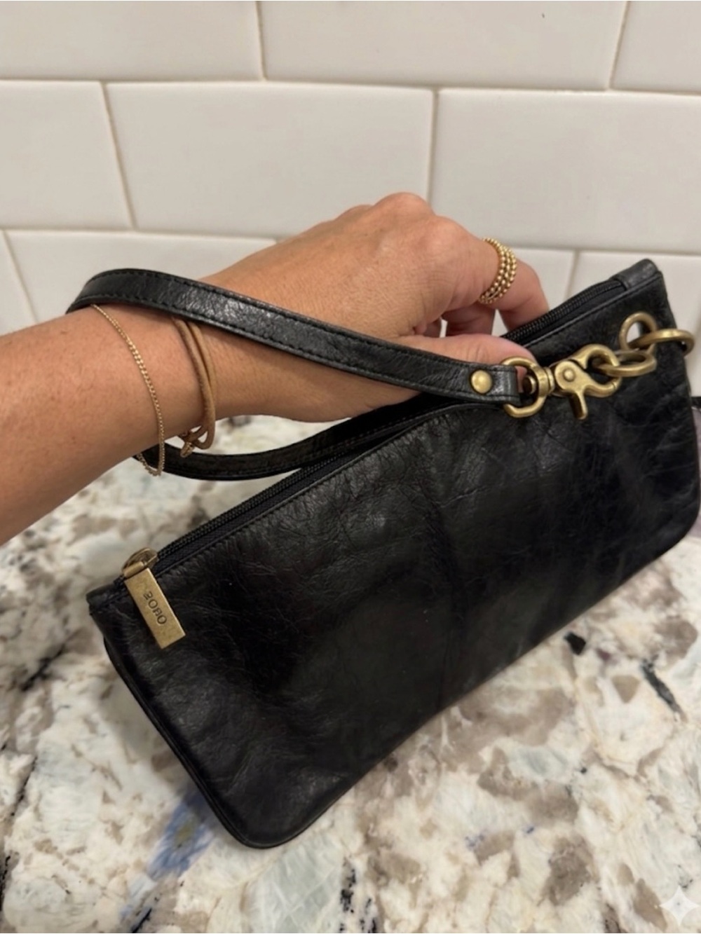 HOBO Black Leather Wristlet Clutch with Brass Hardware
